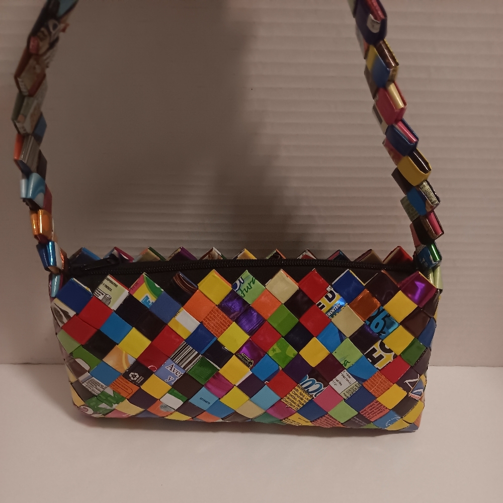 Multi colored Upcycled  wrapper paper shoulder bag (guc) has rubbing